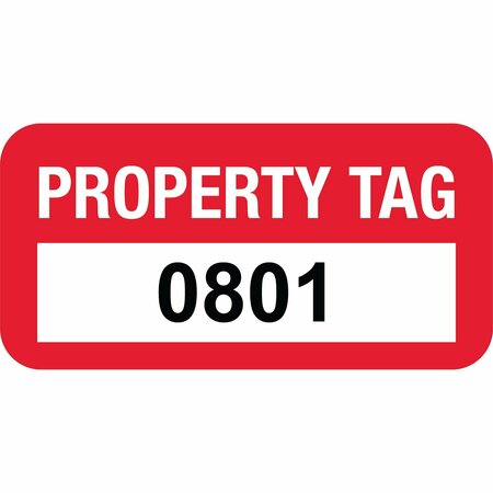 LUSTRE-CAL Property ID Label PROPERTY TAG Polyester Dark Red 1.50in x 0.75in  Serialized 0801-0900, 100PK 253772Pe1Rd0801